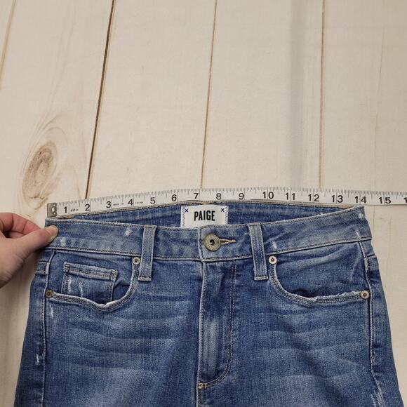 Paige Hoxton crop jeans ankle angle asymmetrical hem mid rise - Picture 5 of 11